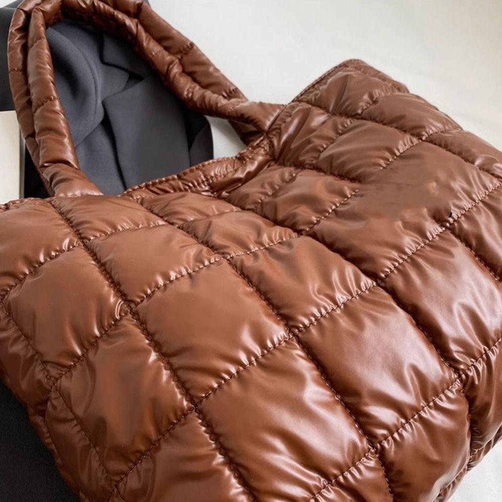 Checkered Down Cotton Shoulder Bag Korean Style Puffy Bag Cotton-padded Tote Bag  Office Worker