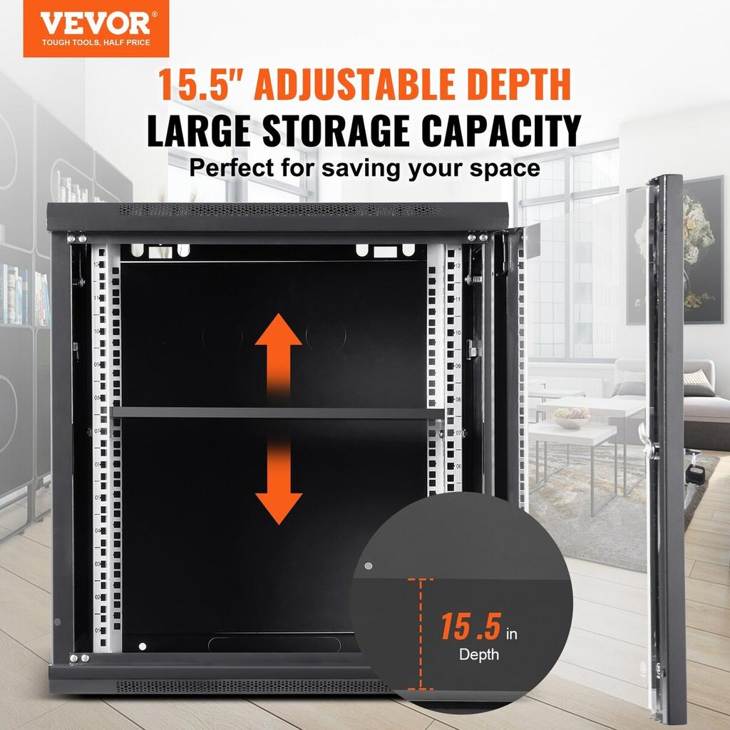12U Wall Mount Network Server Cabinet, 15.5'' Deep, Server Rack Cabinet Enclosure, 200 lbs Max. Ground-mounted Load Capacity, with Locking Glass Door