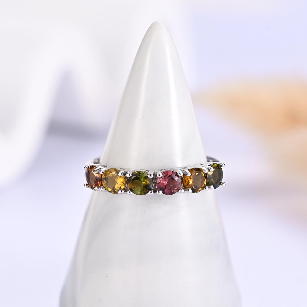 925 Sterling Silver Simple Band Ring with Round 4.0 Colorful Natural Tourmaline Gemstones Forever Elegant Design for Women