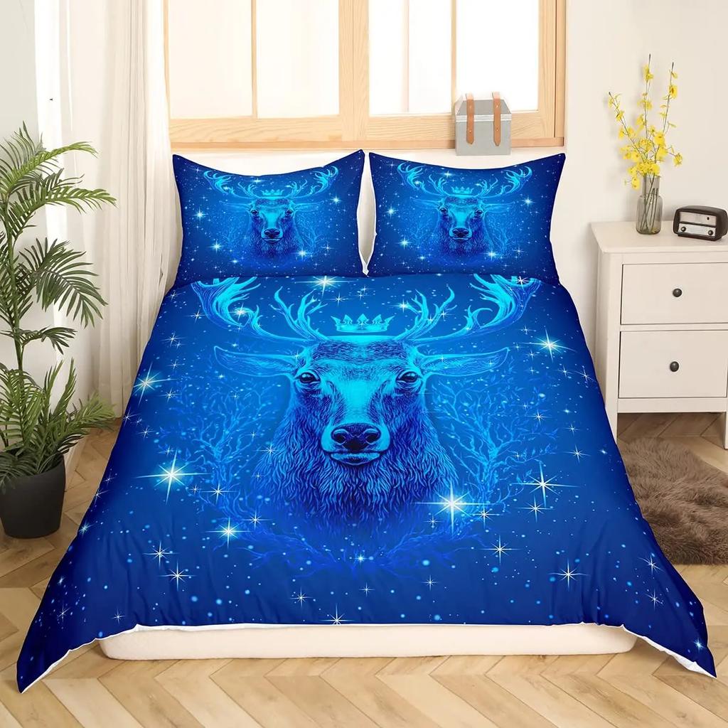 Christmas Tree Duvet Cover Set Blue Xmas Comforter Cover Girly Glitter Elk Bedding Sets Winter Snowflakes Duvet Cover Full Size