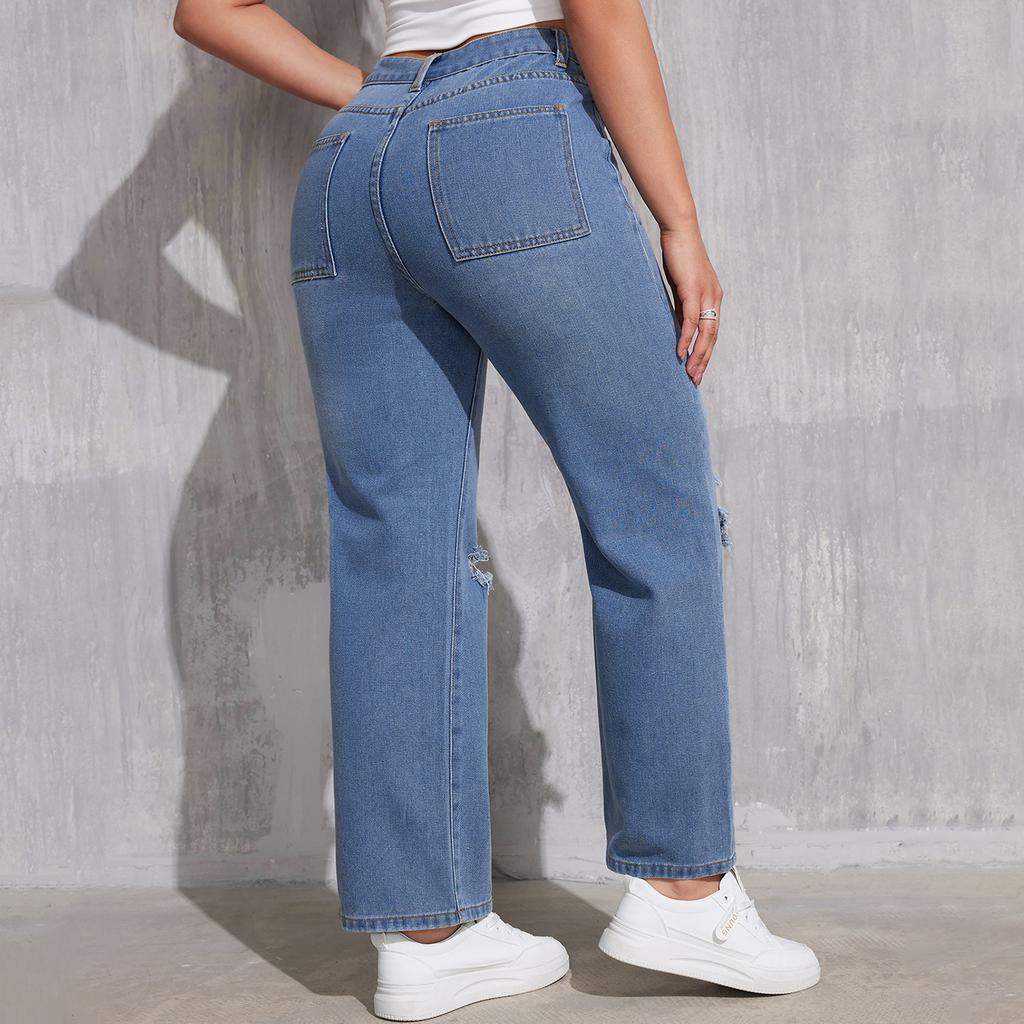 Women's High Waist Washed Women's Jeans Fashionable Versatile Straight Leg Pants
