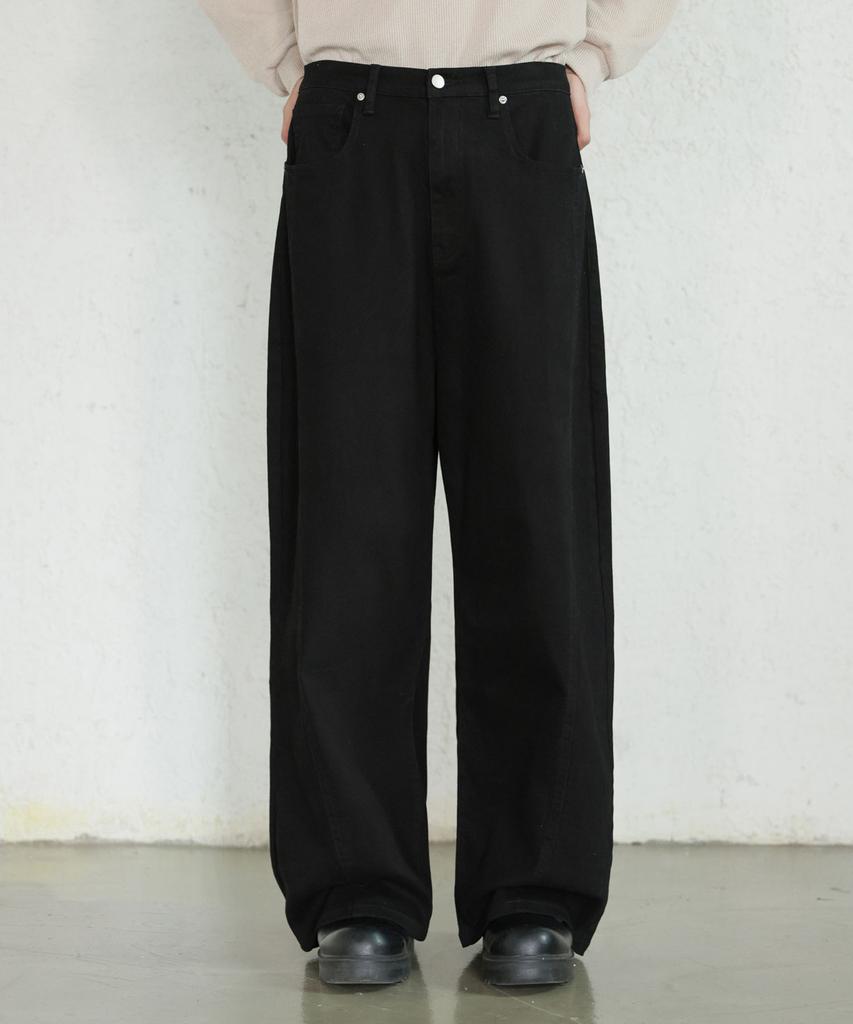 Jikeulib Black Curved Cut-Line Wide Cotton Pants