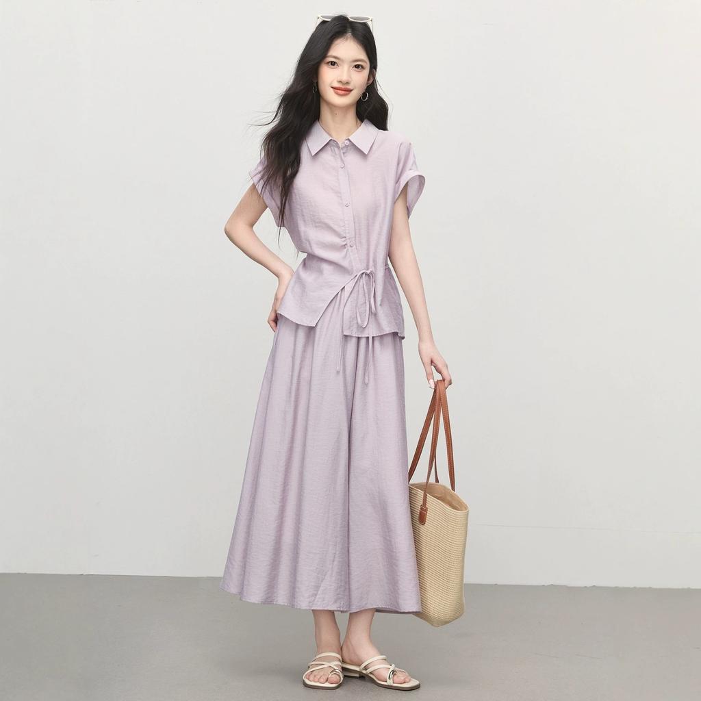 Women's Turn Down Collar Short Sleeve Loose Fit Solid Color Shirt Wide Leg Ankle Pants Two Piece Set