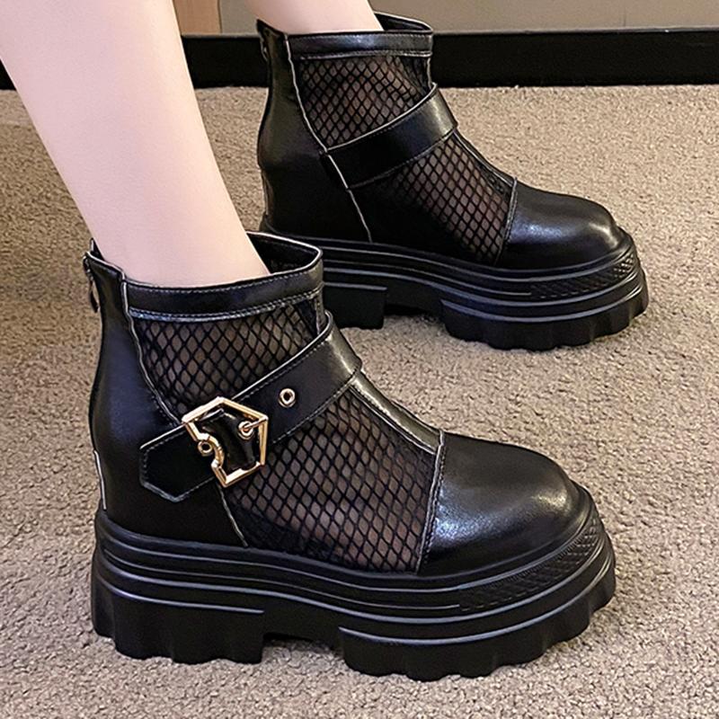 Fashion Pink Lovely Height Increasing Boots Women Breathable Mesh Buckle Zip Decor Summer Boots thick sole chunky platform uniform shoes