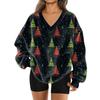 Women's Fashionable V-neck Christmas Printed Long Sleeved Casual Pullover Plush Warm Sweatshirt Top