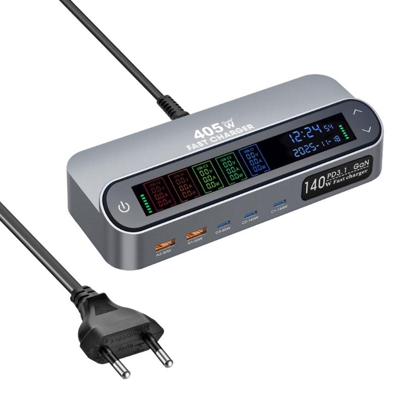 405W/470W Desktop Charging Dock With Full Color Digital Display And Retractable Type C Cable For Laptop Phone Tablets