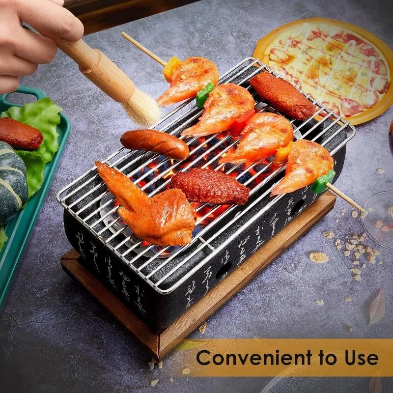 Japanese Style BBQ Grill Portable Barbecue Stove Aluminium Household Charcoal Grill with Wire Mesh Wooden Base Barbecue Tools