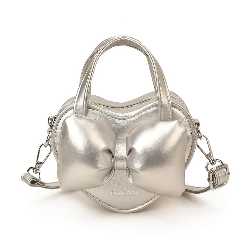 Fashion Solid PU Sweet Bowknot Handbag Cute Heart Shape Bow Mini Crossbody Bag Hot Sale Personality Shoulder Bag for Women Girls