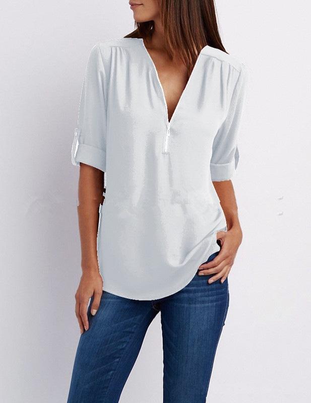 Women s V Neck Long Sleeve Loose Fit Solid Color Zip Front Chiffon Blouse Office Work Top S белый