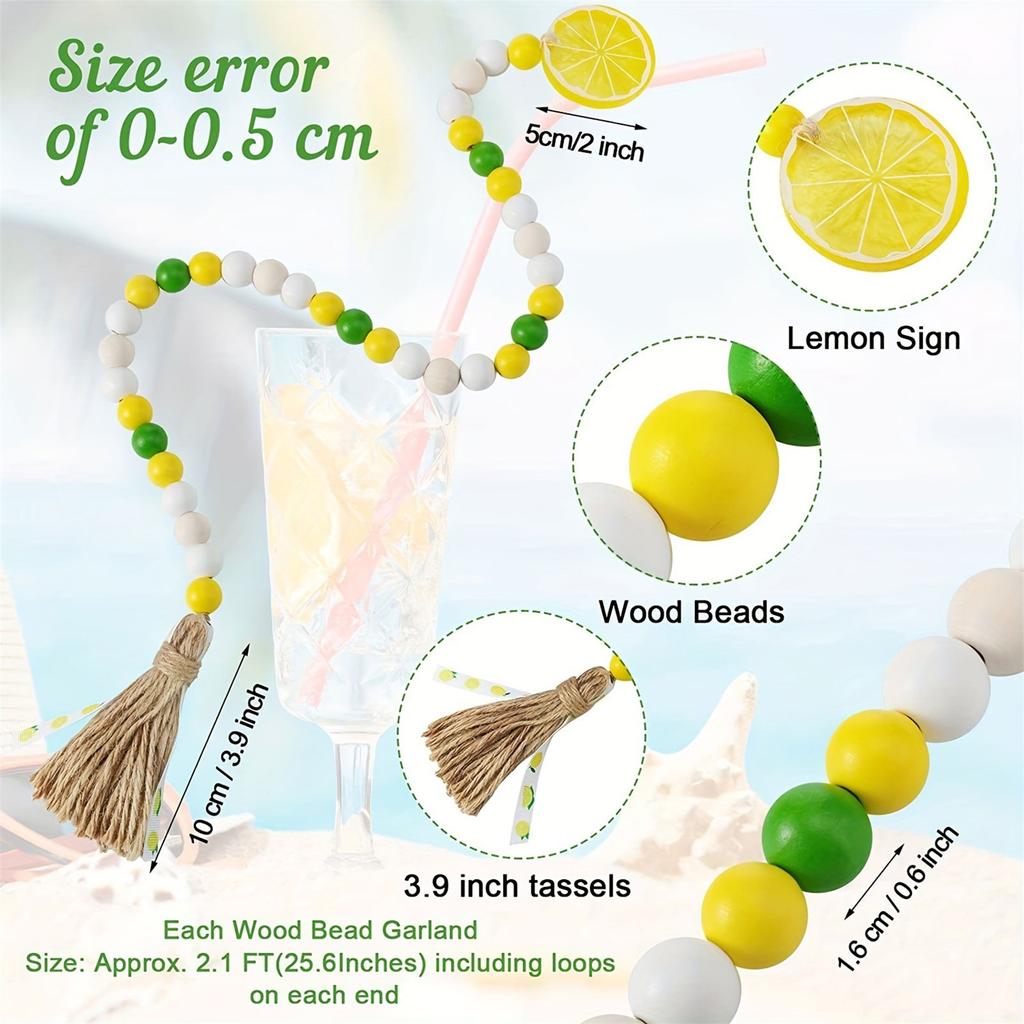 Lemon Wood Beaded Garland with Rustic Tassels Lemon Farmhouse Rustic Beads Summer Country Style Home Tiered Tray Decor