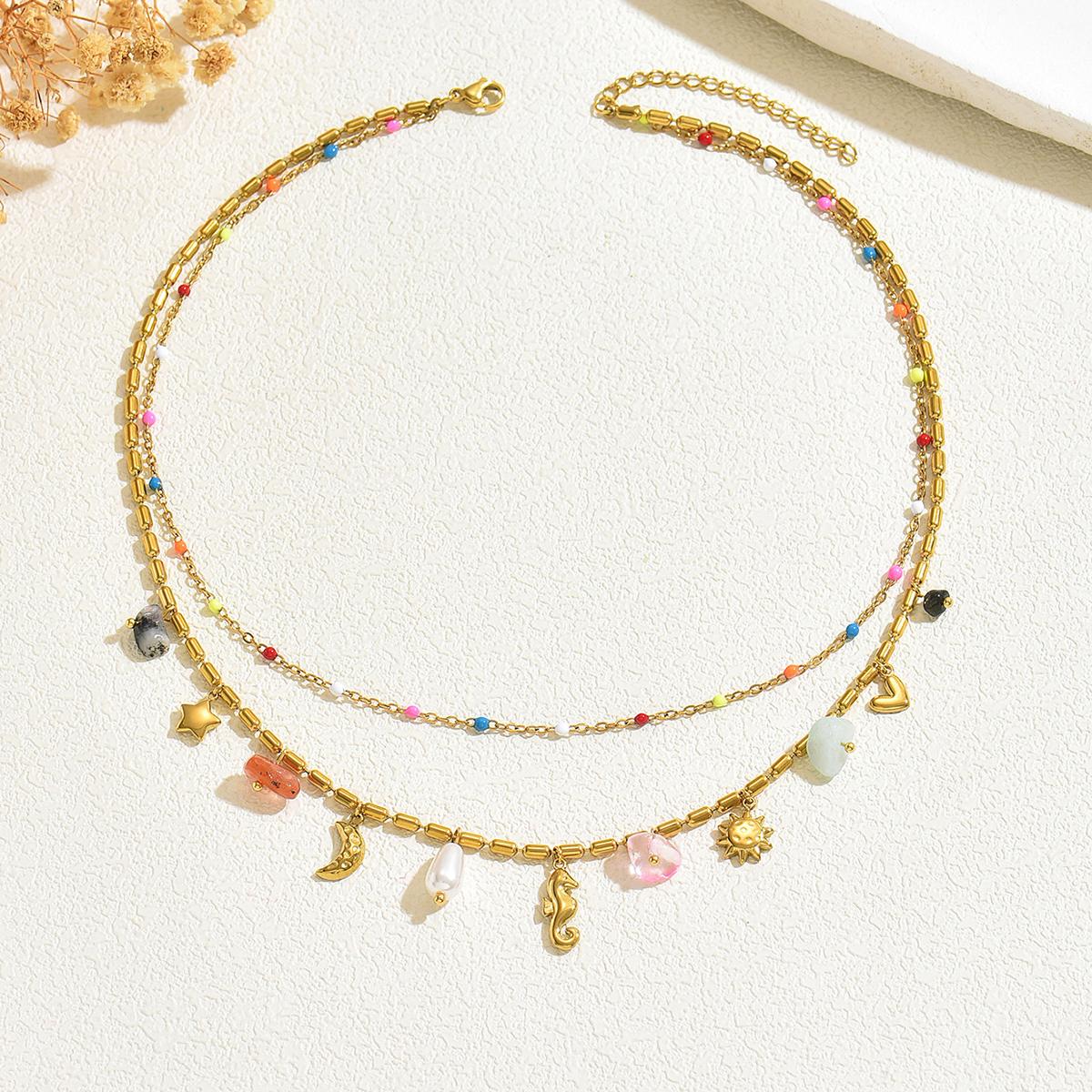 

Boho Gold Color Layered Necklace Star Moon Seahorse Charms Colorful Beaded Choker For Women Summer Beach Party Daily Wear