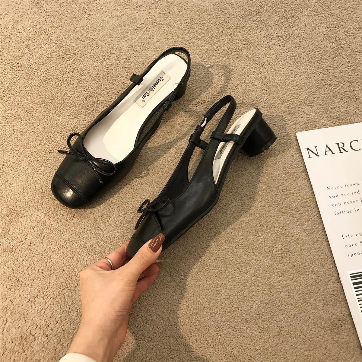 

Интернет-знаменитость ретро французский бант универсальные сандалии 2025 новые ранняя осень толстый каблук сумка голова квадратный носок легкий вырез одинарная обувь 40 чёрный