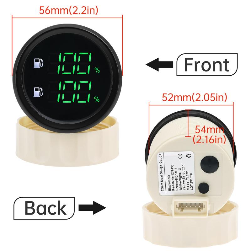 2 in 1 Green LED Digital Fuel Level Sewage Level Meter Oil Temp Gauge Oil Pressure 0~10 Bar 2" 52mm Voltage for Car Truck Boat