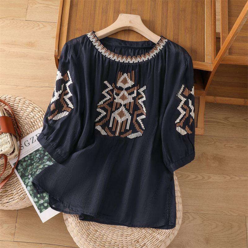 Women Summer Office Lady O-neck Loose Vintage Blouses Cotton Linen Casual Short Sleeve T-Shirt Ladies Embroidered Tops