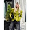 2026 Autumn Women Blazer V Neck Collarless Long Sleeve Hollow Metal Button Cinched Waist Green Tailored Jacket