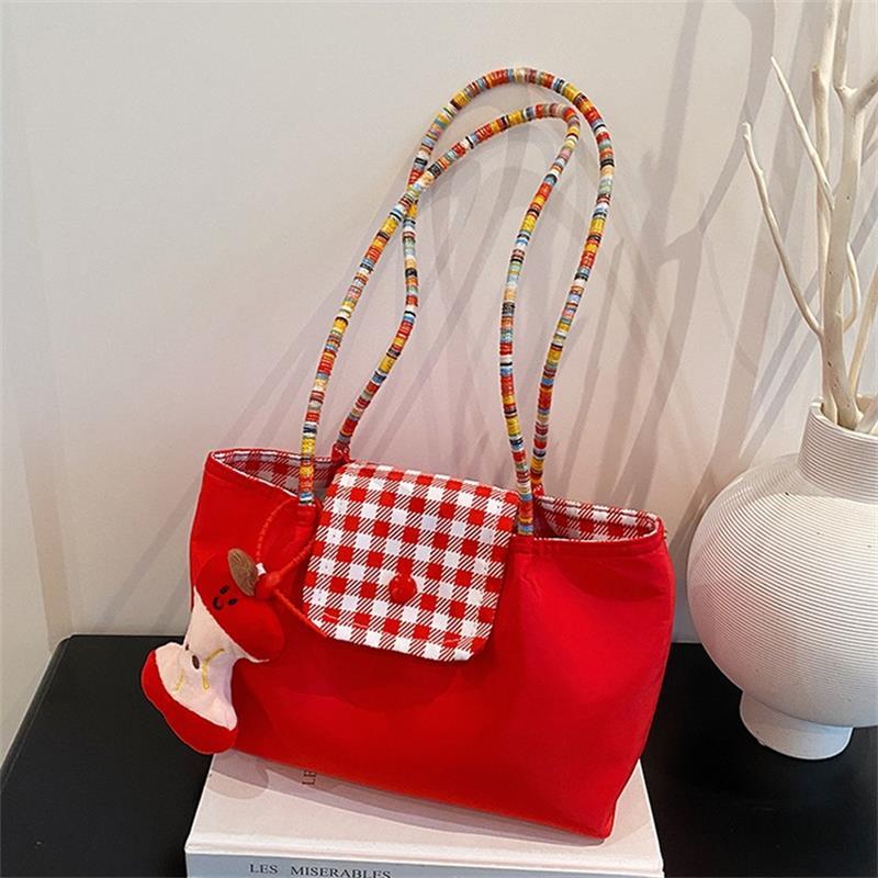 Casual Nylon Plaid Shoulder Bag With Pendant Dopamine Handbag Large Capacity Women Commuter Tote Bag  Trendy Armpit Bags