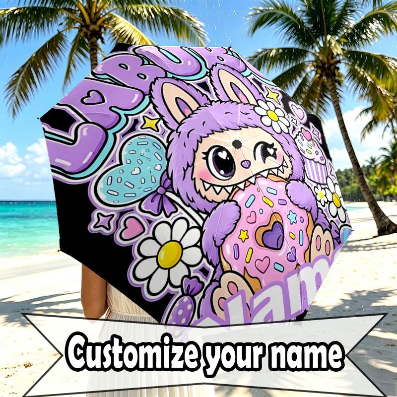 Custom Name Personalized Labubu Print Umbrella, Auto Open Close, 8‑Rib Sturdy Frame, Commute Camping Hiking Use, Birthday Gift