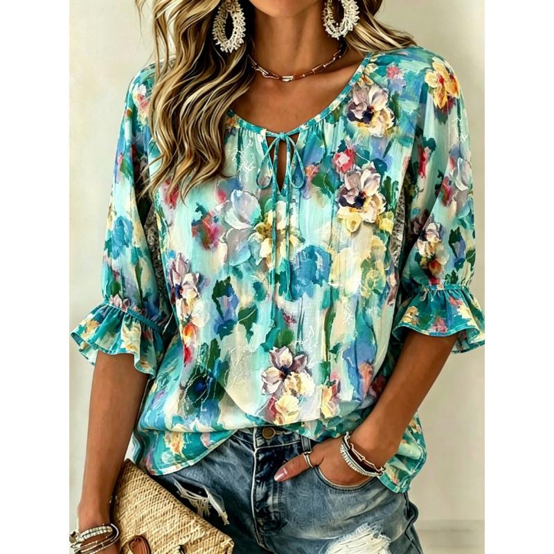 Women's Mint Green Floral Print Tie Neck Blouse, Casual Loose Tops for Spring Summer Daily Wear & Vacation Occasions