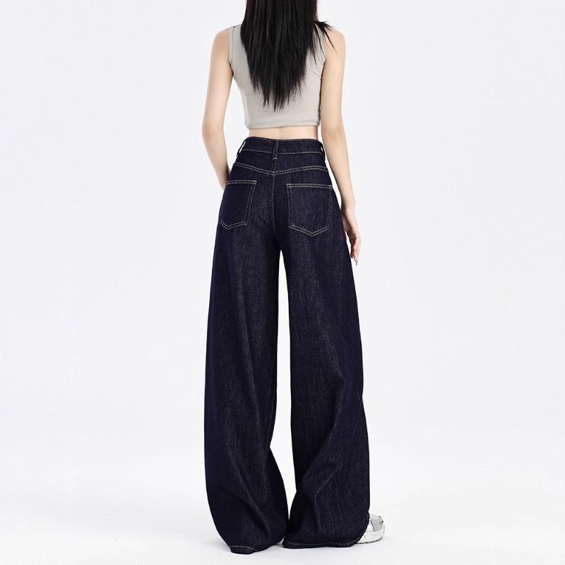 High-waisted wide-leg jeans for women's autumn and winter, trendy and versatile new dark blue loose fleece floor pants