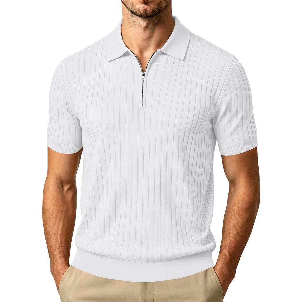 Men's Summer Short Sleeve Polo Shirt Ribbed Knit Half Zip Collar Casual Lightweight Breathable Pullover Top for Everyday Wear