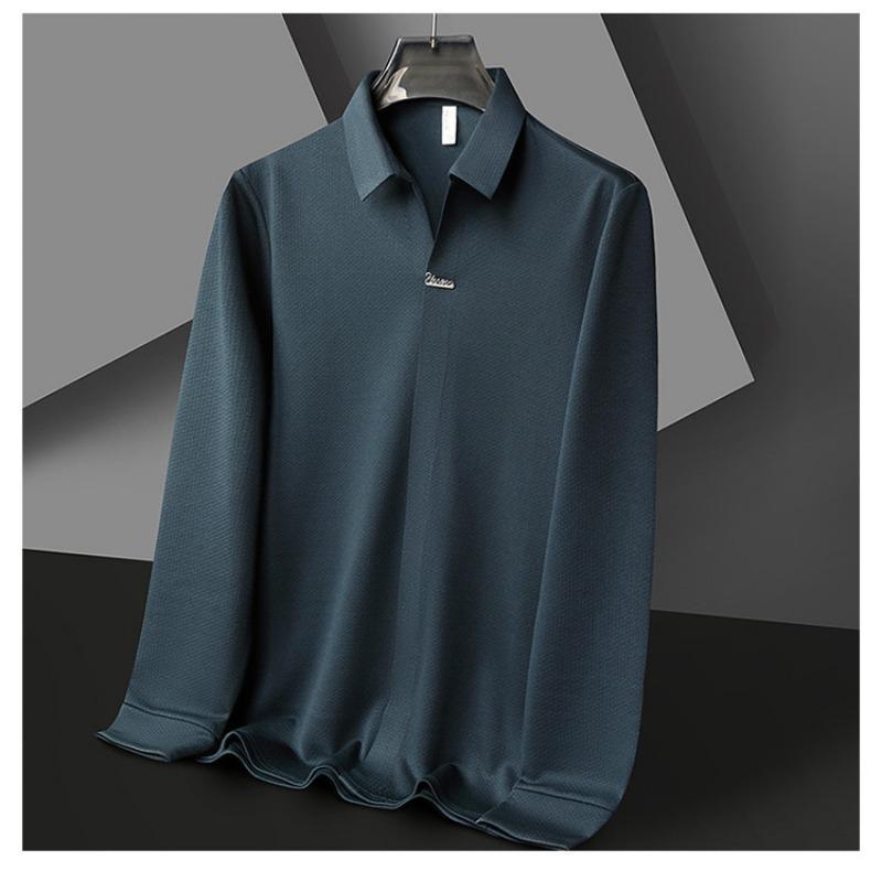 Men Loose Fit Long Sleeve Turn Down Collar Casual Solid Polo Shirt