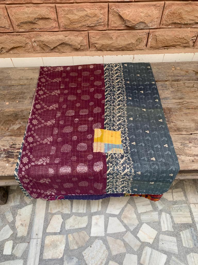 Handmade Kantha Quilt: Green Floral Vintage Sari Throw Blanket