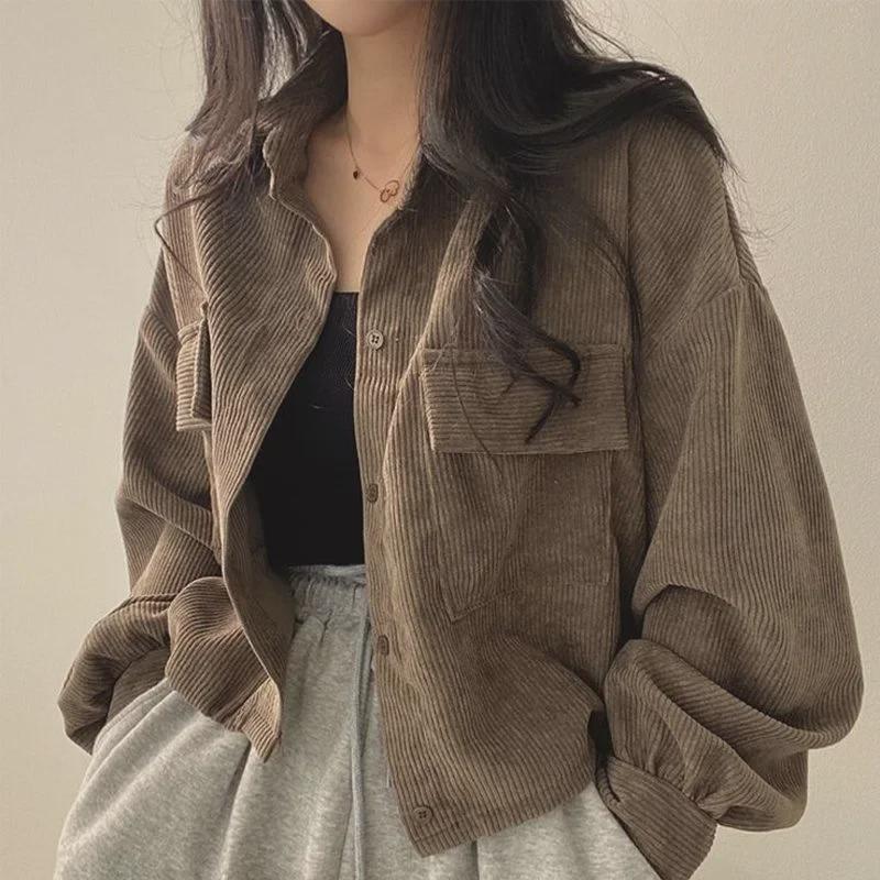 French Retro Corduroy Lapel Short Jacket - Women's Petite Trendy Casual Fall/Winter Coat