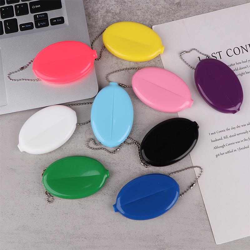 Small Oval Coin Purse Mini Earrings Rings Storage Box With Chain Solid Color Pvc  Portable Bag Pendant