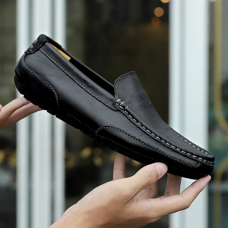 Genuine Leather Men Casual Shoes Soft Luxury Brand Mens Loafers Moccasins Breathable Slip On Black Driving Shoes Plus Size 37-47