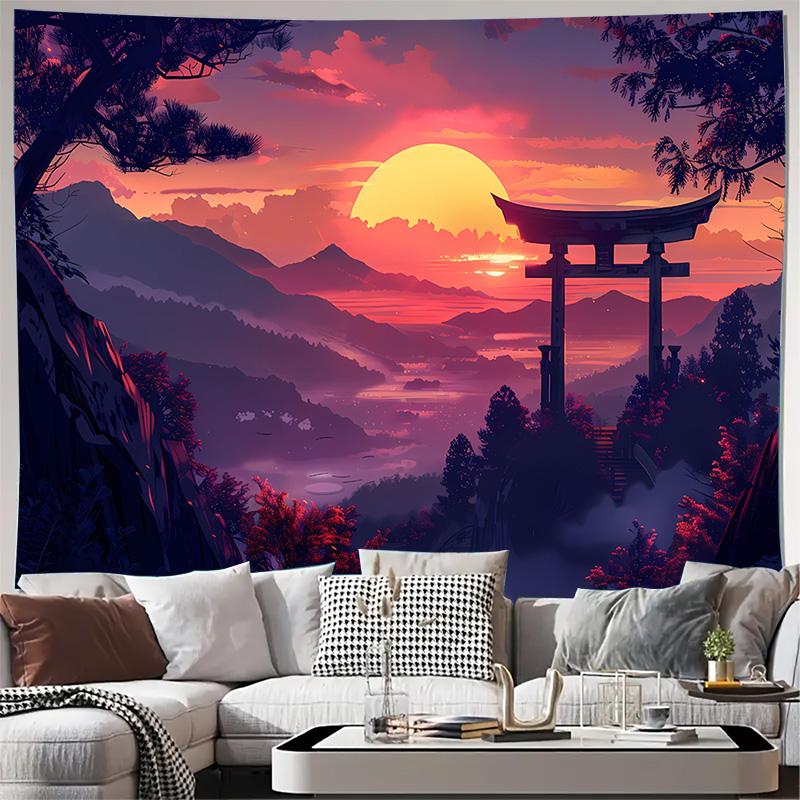Japanese Torii Gate Sunset Mountain Landscape Wall Tapestry Machine Washable All Season Print Oriental Nature Design Home