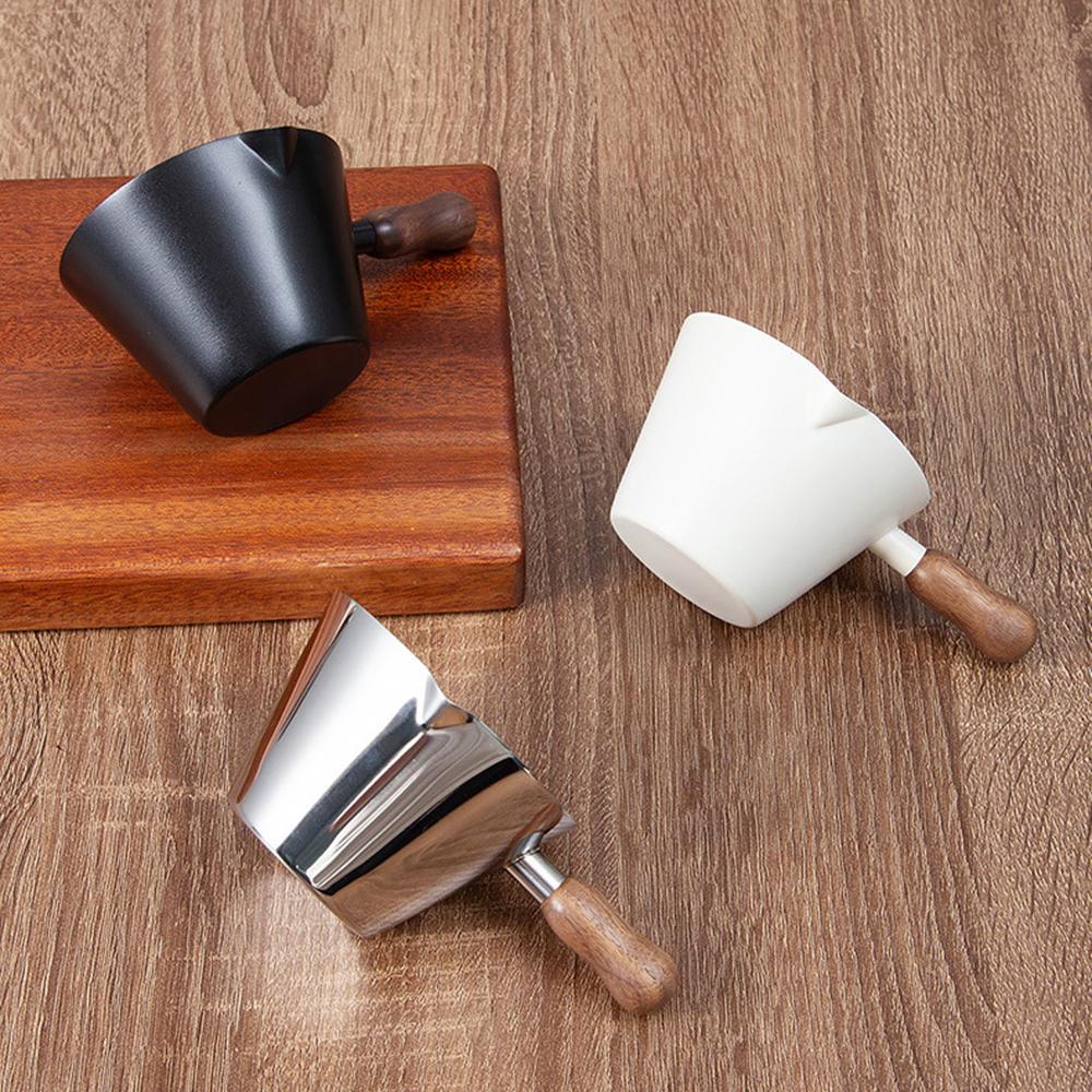Walnut Handle Espresso Shot Glass 120ML Stainless Steel Measuring Cup With Spout And Scale For Barista