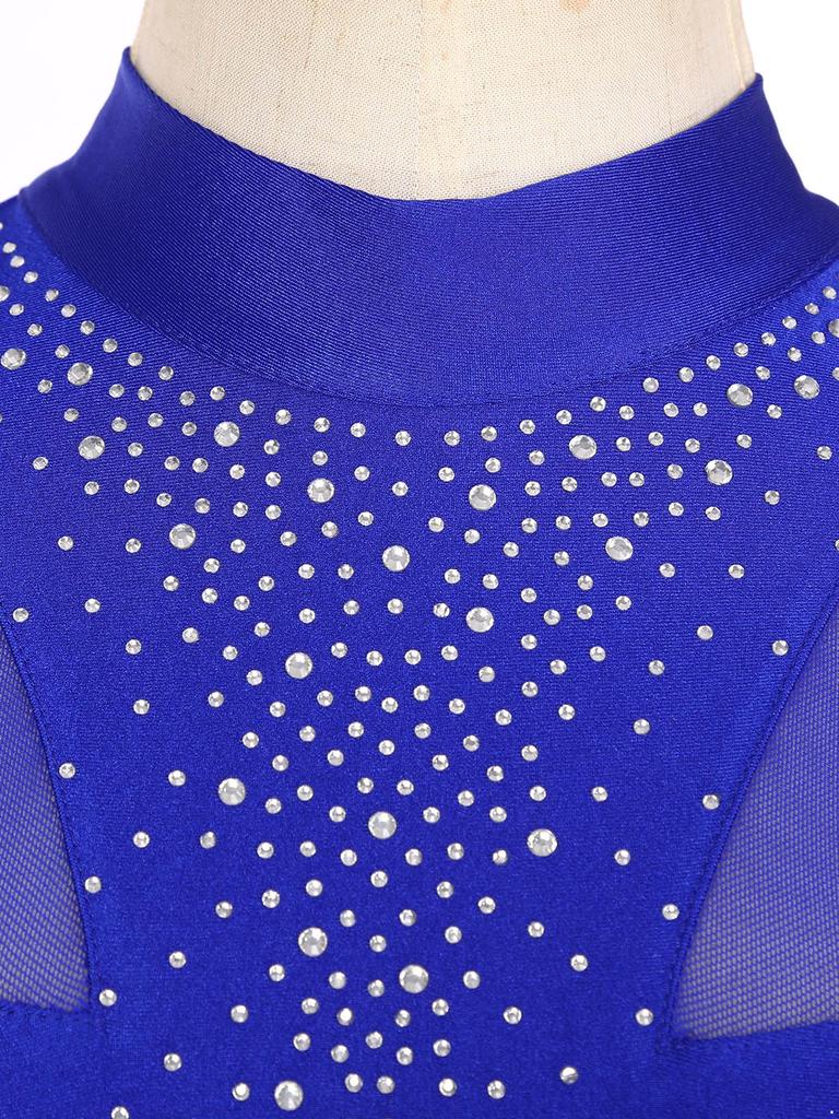 Damen Funkelndes Strass-Ärmelloses Kleid Mit Stehkragen Schlüsselloch am Rücken Seitenschlitz Performance Tanzkostüm