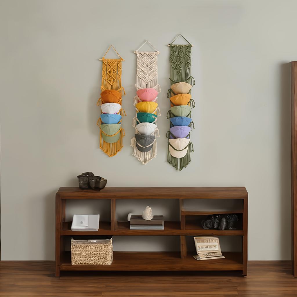 Bohemian Macrame Wall Hanging Tapestry with Hat Display Rack - Hand-Woven Colorful Tassel Cap Storage Suitable for Hats Not Included Wall-Mounted