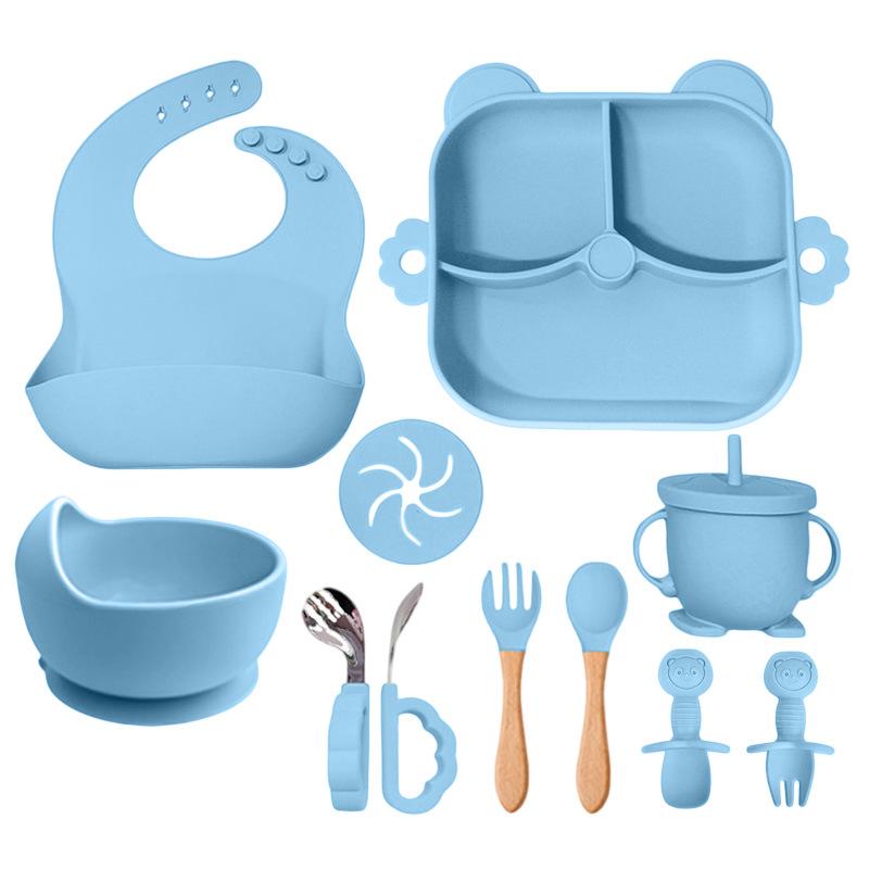 11-Piece Children's Silicone Bear Feeding Set: Food-Grade Bib, Bowl, Straw Cup & Tableware