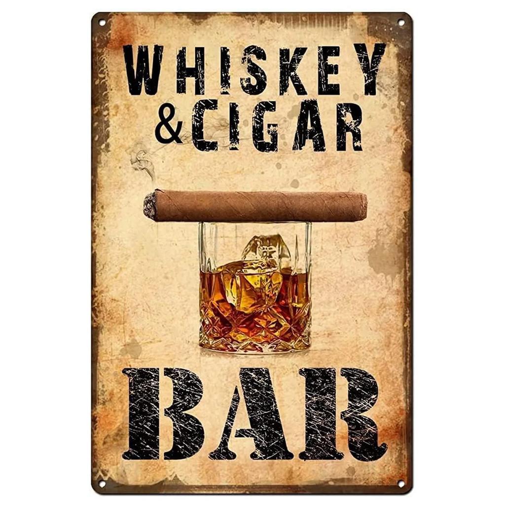 Whiskey Cigar Plaque Metal Tin Signs Wall Decoration Vintage Art Posters Iron Painting for Man Cave Home Cafe Garden Club Bar