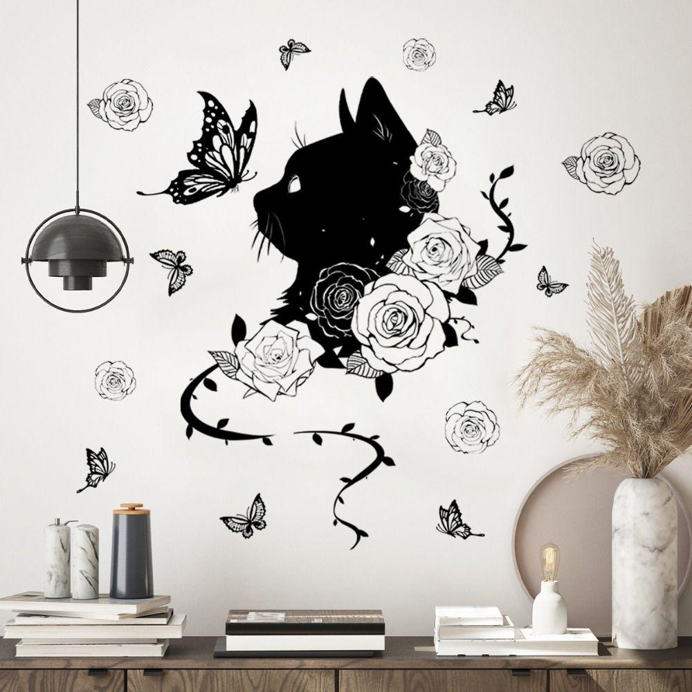 

Handmade Black Cat Flower Butterfly Wall Stickers Waterproof Wallpaper Bedroom