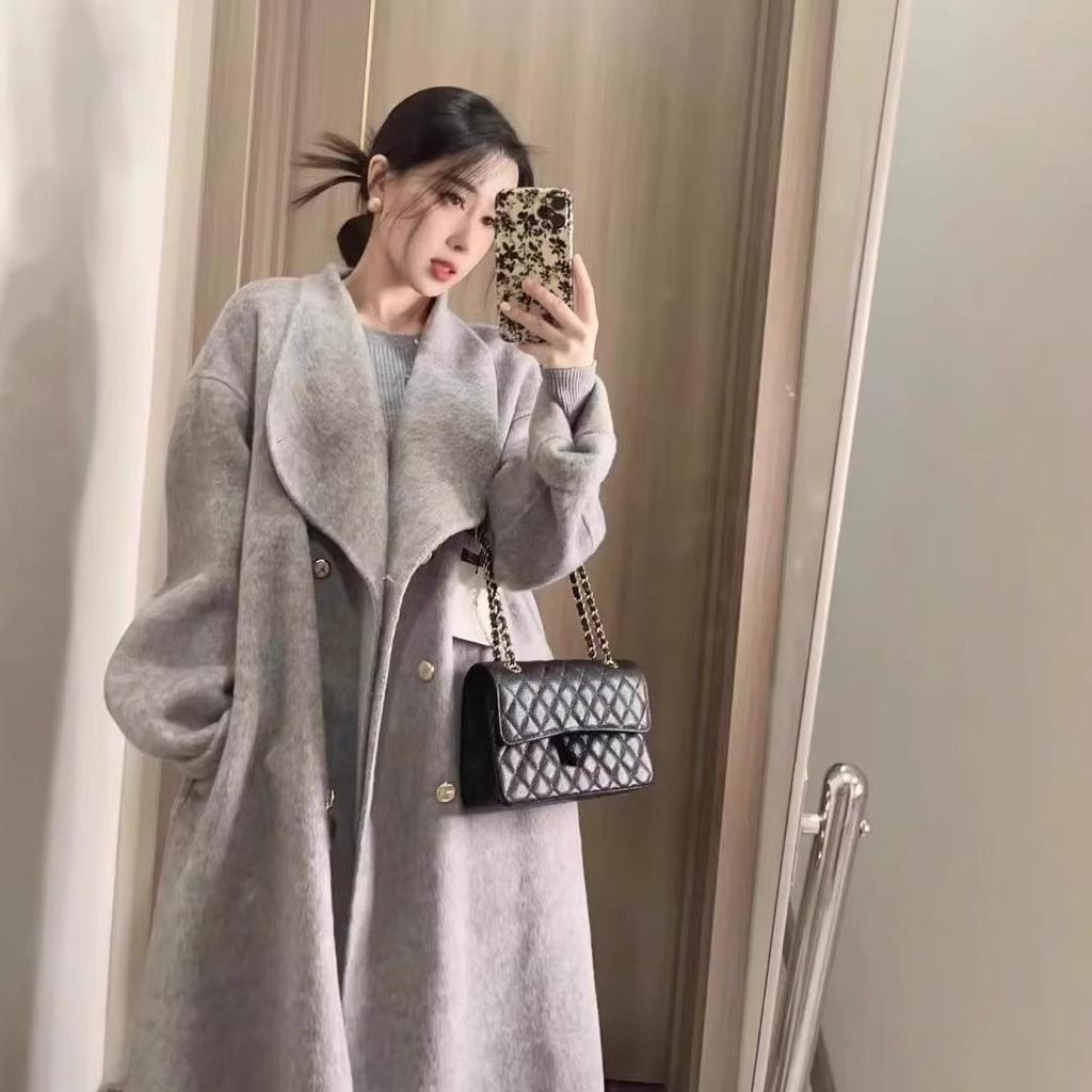 Women Grey Stand Collar Autumn Winter Loose Wool Coat with Double Buttons Clothes