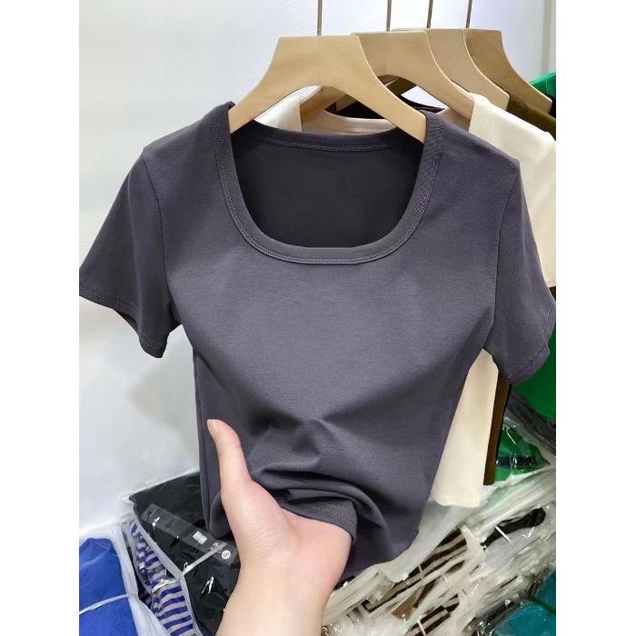 Women's Slim Fit Square Neck Short-Sleeve Tee - Summer Thin, Figure-Flattering, Pure Style, Plain Color Trendy Top