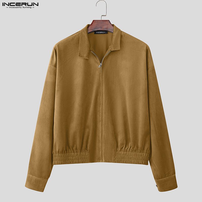 INCERUN Men Lapel Neck Long Sleeve Zip-up Suede Oversized Jackets Coats