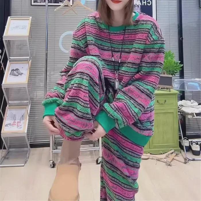 

Комплект из двух предметов: полосатая хлопковая толстовка и прямые брюки размера плюс 2XL-5XL на осень/зиму 4XL