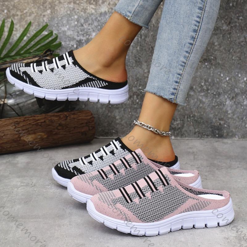 Fashion Comemore Lightweight Round Toe Slippers for Women Mules Flats Soft House Slippers Female Slides Flat Black Casual Mesh Shoes