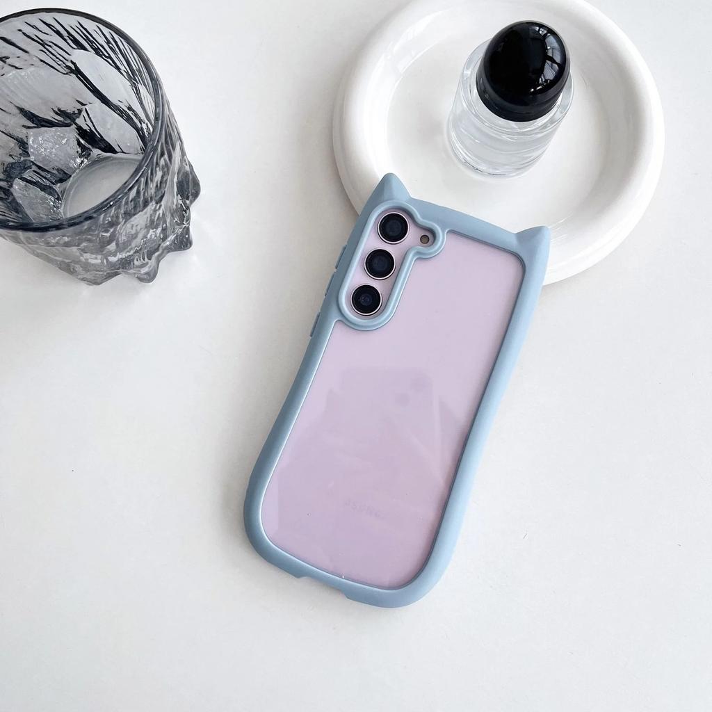 S25Plus Cute 3D Cat Transparent Case For Samsung Galaxy S25 S23 S24 Plus S25 Cartoon Ear Bumper Shockproof Hard Back Cover