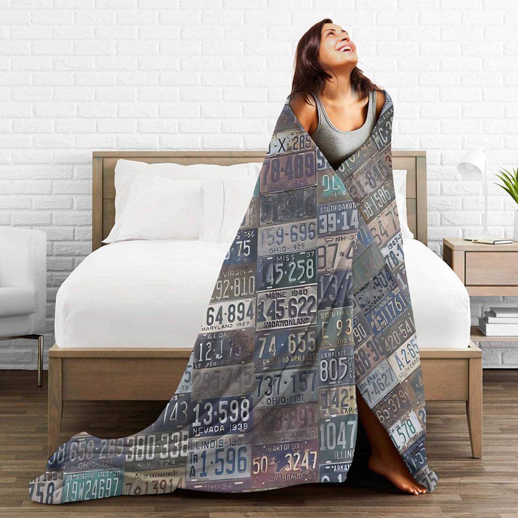 Vintage USA Nummernschilder Decke Qualität Gemütlich Überwurfdecke Frühling Reise Büro Sofa Bett Druck Tagesdecke