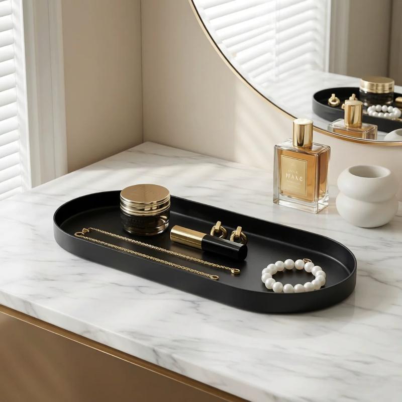 Oval Long Metal Storage Tray Matte Cream Decorative Organizer Plate for Bathroom Vanity Jewelry Cosmetic Holder