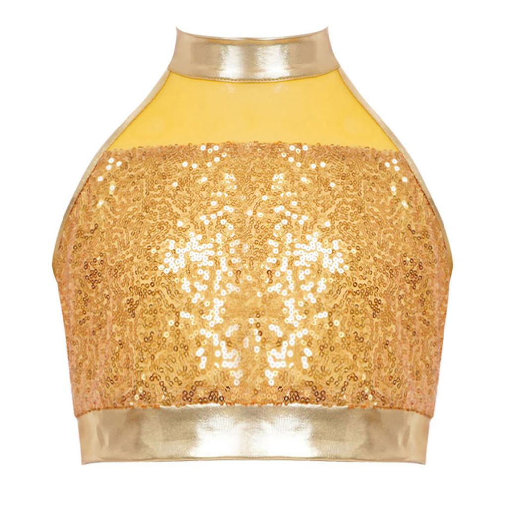 Mädchen Ärmelloses Mock Neck Tanz Crop Top Glitzer Pailletten Patchwork Schlüsselloch Rücken Design Performance Top