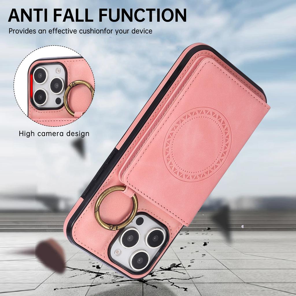 For iPhone 16 Pro Max Case Card Holder Kickstand Leather + TPU Phone Cover with Ring Holder