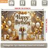 2D Gold Happy Birthday Backdrop, White Gold Balloon Gift Box Photography Background for Party