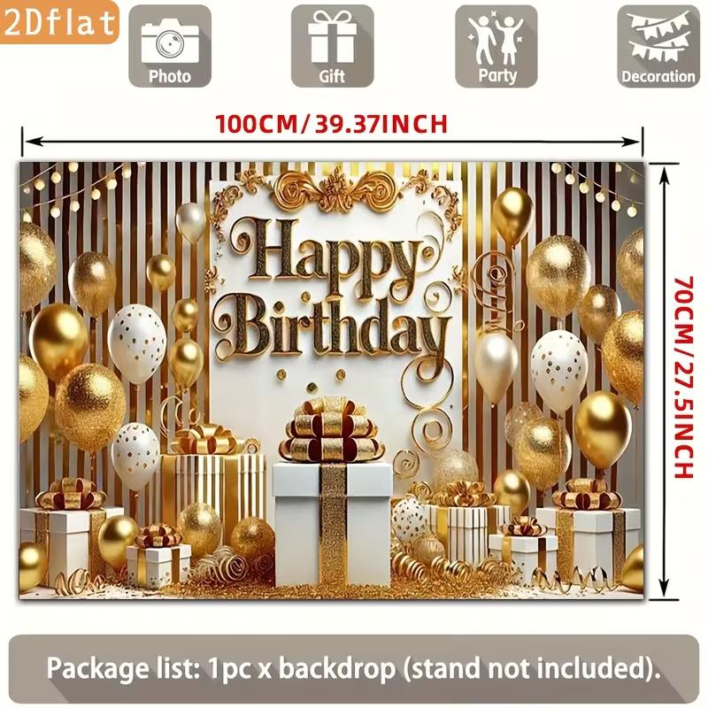 2D Gold Happy Birthday Backdrop, White Gold Balloon Gift Box Photography Background for Party