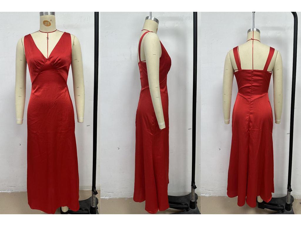 In Stock: 25th Anniversary V-Neck Slim Evening Dress - European & American Style, Solid Color