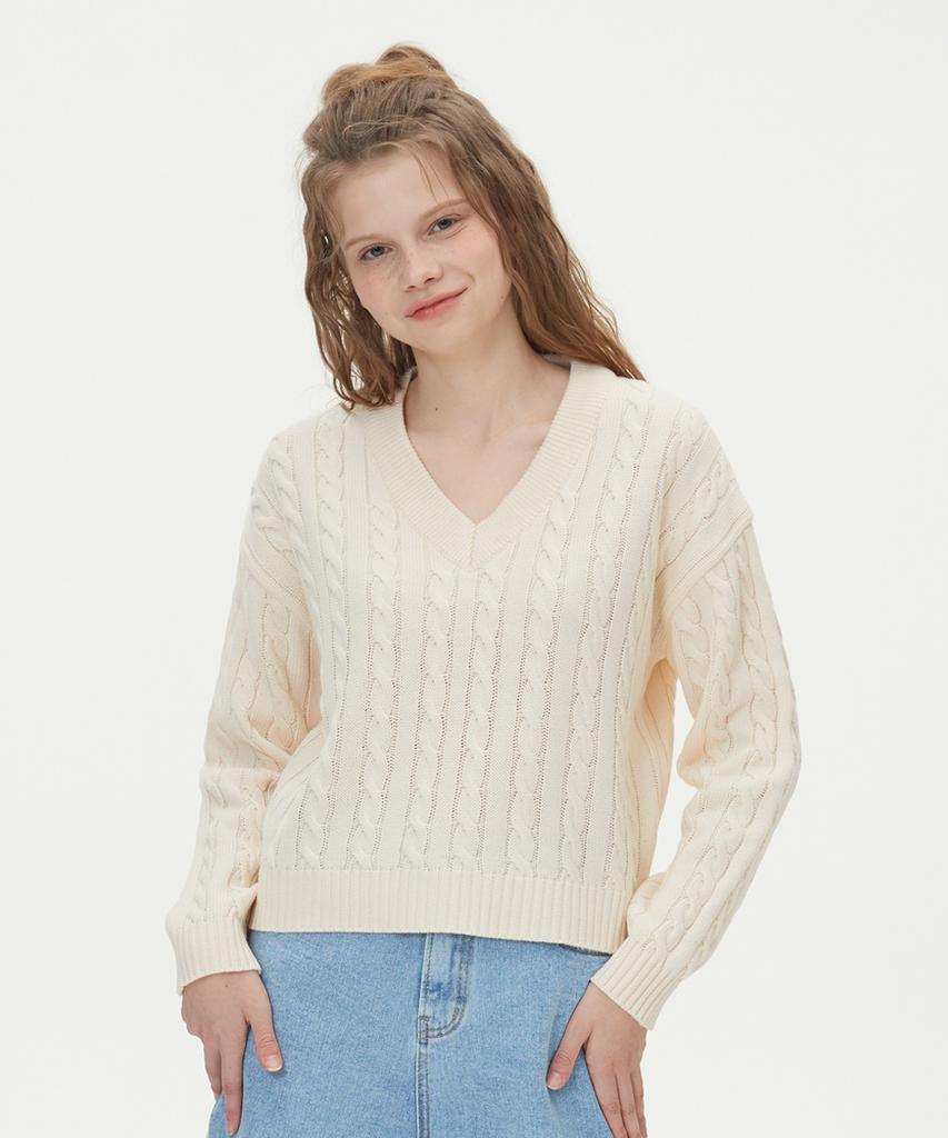 BLOND9 V-Neck Cable Crop Knit_Ivory